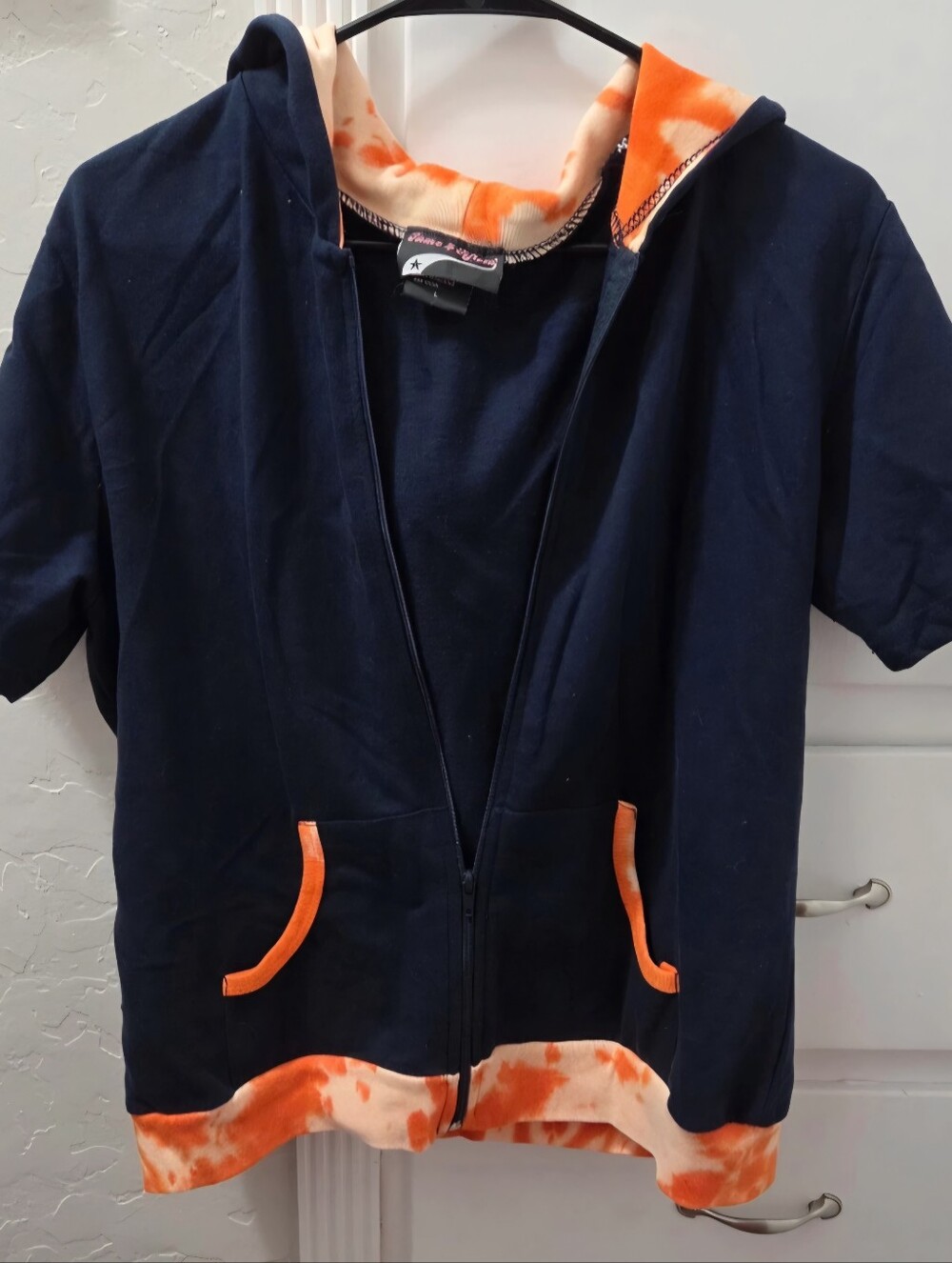 Navy Zip-Up Hoodie with Orange Tie-Dye Trim